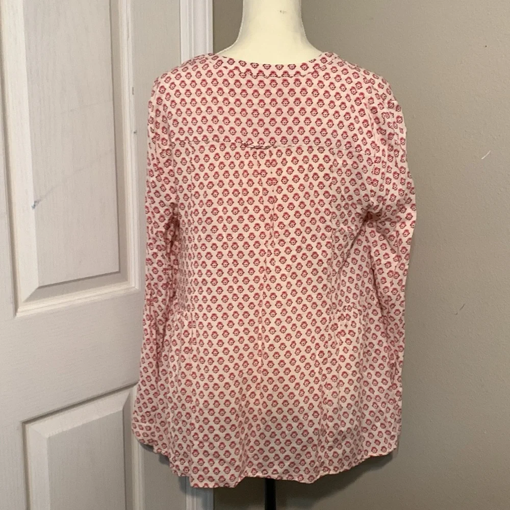 Maeve White/Red Abstract Pattern Asymmetrical BOHO Popover Long Sleeve Top Sz 12 - Picture 2 of 3